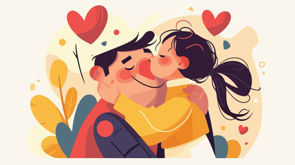 Child kissing dad flat illustration. Father Day hol - obrazy, fototapety, plakaty