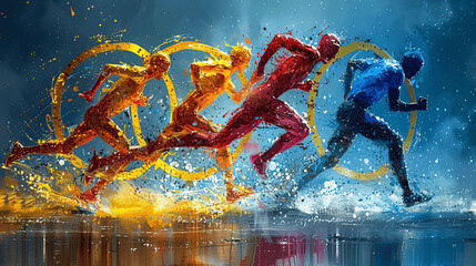 color illustration of the Olympic Games, athletes running to the finish line, Generative AI.