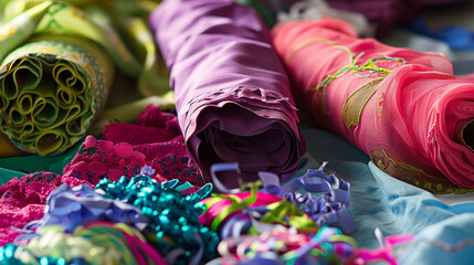 Close-up of a textile designer's worktable, strewn with rolls of periwinkle fabric, pink ribbons, and lime lace, showcasing a vibrant mix of materials.