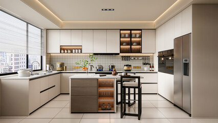 3d rendering modern kitchen with tile floor and shelf cabinets 