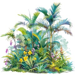 Fototapeta na wymiar A vibrant depiction of a tropical garden with towering palms and colorful orchids, bright greens and exotic flowers, white background, vivid watercolor, 100% isolate