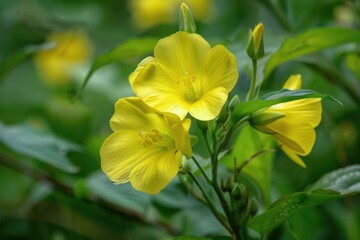 Detail of Yellow Evening Primrose. Perennial Summer Flowering Plant with Green Leaves