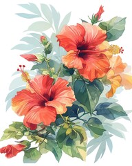 A vibrant illustration of tropical hibiscus flowers, bold reds and lush greens, vivid watercolor, white background, 100% isolate