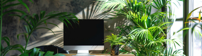computer screen in a modern office with plants, created with generative AI technology