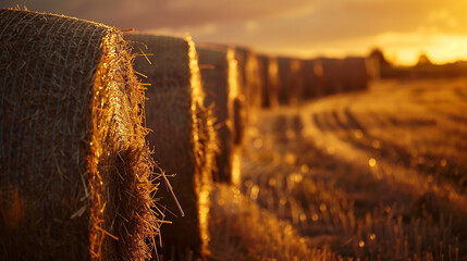 A row of neatly stacked hay bales stretching into the distance, their golden hues glowing in the warm light of sunset.