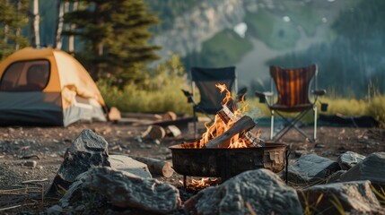 Serene Campsite with Campfire and Tents in Mountain Woods