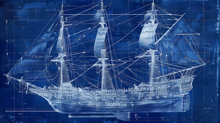 Nautical Ship Blueprint in Cyanotype Style
Technical Drawing of Historical Sailing Vessel
Maritime Engineering Blueprint of Tall Ship - obrazy, fototapety, plakaty