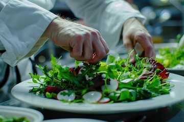 Finishing Touch: Culinary Chef Dressing Green Salad with Precision for Professional Plate Service in a Commercial Kitchen