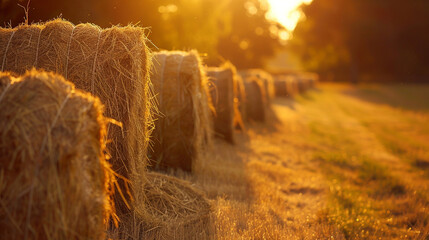A row of neatly tied bundles of hay, their golden hues glowing in the soft light of early morning. - obrazy, fototapety, plakaty