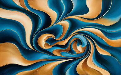 A mesmerizing abstract painting with a predominantly blue and gold color palette. 