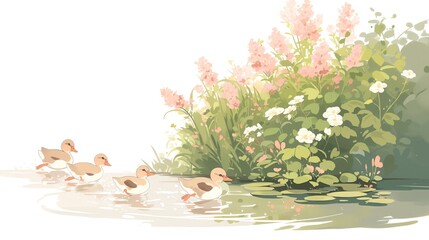 Ducklings racing on a sunlit pond, yellows and greens, light watercolor,white background.
