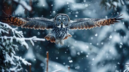 Grey Owl in Winter. Great Grey Owl Spreading Wings, Flying and Staring with Talons Out in Snowy Forest Scene. Wildlife in Sweden