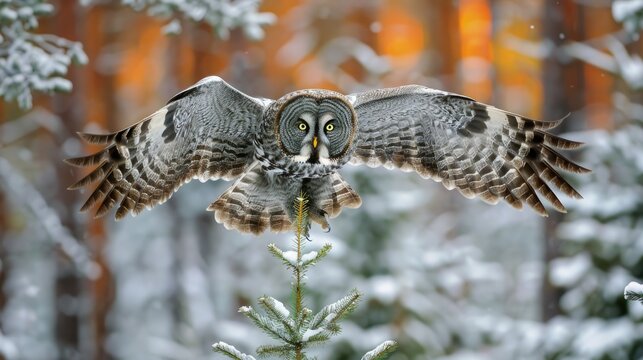 Grey Owl in Action: Majestic Great Grey Owl Flying with Open Wings Above Snowy Spruce Trees in Swedish Forest - Wildlife Photography