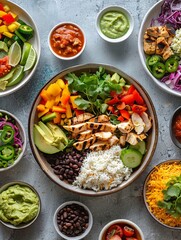 Flat lay of a vibrant buildyourown burrito bowl station with options like grilled chicken, black beans, guacamole, and colorful veggies