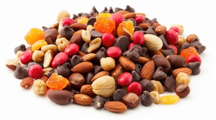 Healthy and Nutritious Trail Mix with Fruits, Nuts, Almonds and Chocolate. Colorful Display of Red, Orange and Yellow Ingredients