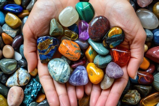 Health and Fashion: Close-up of Colourful Tumbled Stones Held in Hand
