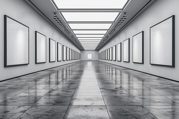 A modern art gallery with empty frames symbolizing the infinite potential of art.
