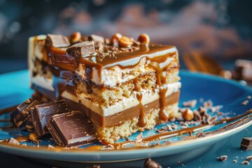 Indulge in Delightful Toffee Cake with Creamy Caramel and Chocolate Fudge on Blue Porcelain with Mousse Topping