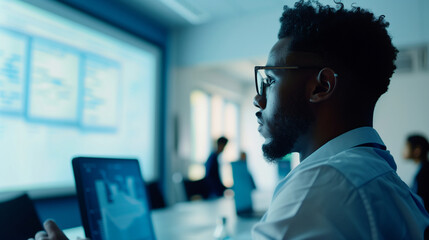 A class focused on machine learning where an instructor uses flowcharts and algorithms to teach predictive modeling and data analysis. , natural light, soft shadows, with copy spac