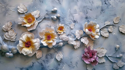 Light decorative texture of plaster wall with volumetric decorative flowers. - obrazy, fototapety, plakaty