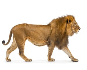 Fototapeta premium Lion Walking. Studio Shot of Adult Lion Walking and Looking at the Camera with Expressive Profile, Isolated on White Background
