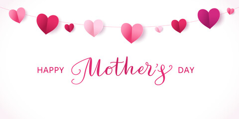 Mother's day banner. Pink paper hearts decoration. Mothers day calligraphy. Love frame, border. String ornaments on white background. Garland for wedding and valentine's day. Vector.