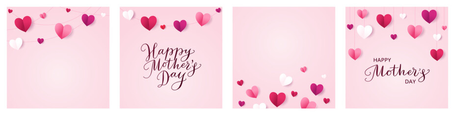 Mother's day square banners. Template for social media. Pink paper hearts decoration. Mothers day calligraphy. Love frame, border. String ornaments on rose background. Vector.