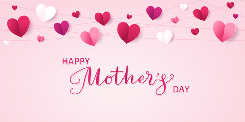 Mother's day banner. Pink paper hearts decoration. Mothers day calligraphy. Love frame, border. String ornaments on rose background. Garland for wedding and valentine's day. Vector.