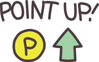 手書きでポイントアップと書いた文字と、ポイントをイメージしたコインと、矢印の素材セット