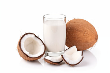 A glass of Coconut juice and a half of Coconut fruit isolated on white background cutout