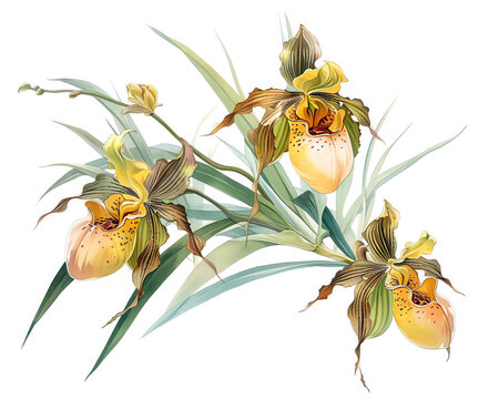 Phragmipedium longifolium, long leafed slipper orchid, serene watercolor, peaceful pond, watercolor, isolate.