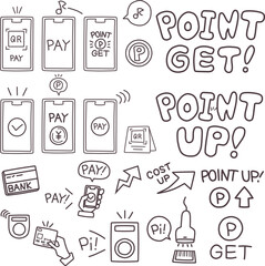 電子決済をイメージしたスマホなどの機器や文字などの素材線画セット