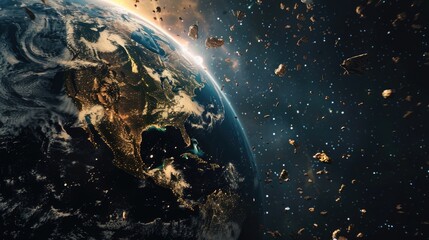 Fototapeta premium Polluting the Planet: 3D Render of Broken Artificial Satellites and Space Debris orbiting Earth