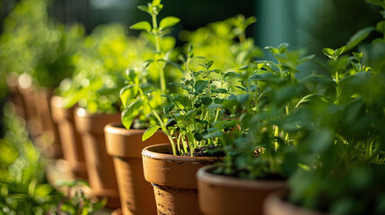 A row of terracotta pots filled with aromatic herbs, their lush foliage spilling over the edges in a riot of greenery.