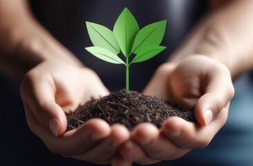Hands close-up,paper sprout,paper green leaves,hands holding paper tree sprout,paper tree