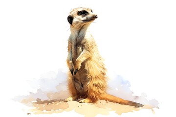 A minimalist watercolor of a meerkat standing alert, its slender form upright and watchful, desert sands and sky blues, white background, vivid watercolor, 100 isolate - obrazy, fototapety, plakaty