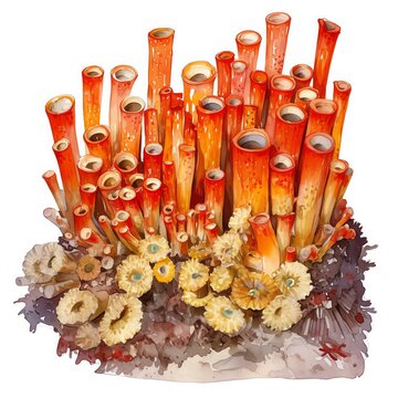 A dynamic sketch of Organ Pipe Coral, tubes resembling organ pipes in striking reds, musical arrangement in coral form, white background, vivid watercolor, 100 isolate