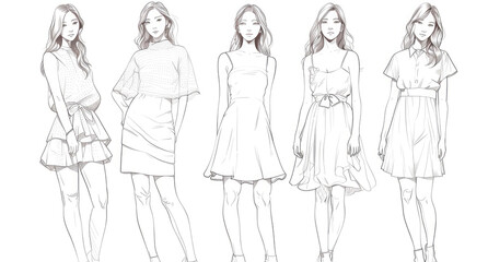 fashion sketches of women in different poses, full body