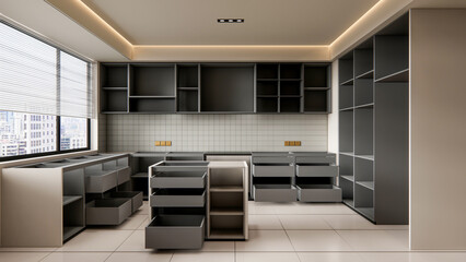 Fototapeta na wymiar 3d rendering modern kitchen with tile floor and shelf cabinets 