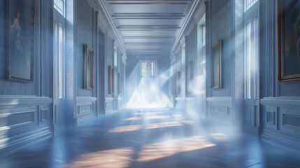 A dreamlike scene of an empty art gallery where the frames on the walls appear to be swirling and melting.