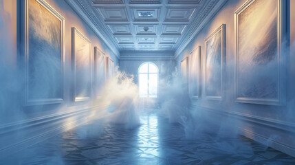 A dreamlike scene of an empty art gallery where the frames on the walls appear to be swirling and...