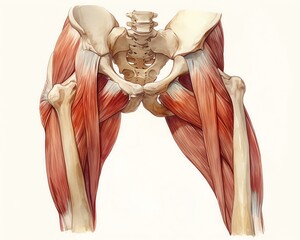 A rustic illustration of the hip muscles, including the iliopsoas and gluteus maximus, demonstrated in a standing posture, earthy tones and precise detailing, white background, vivid watercolor, 100 i