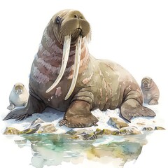 A rustic illustration of Walruses on a chilly shore, bulky forms and bristly details, icy grays and browns, white background, vivid watercolor, 100 isolate - obrazy, fototapety, plakaty