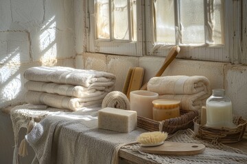 Towels, soap, and other items are on a table - obrazy, fototapety, plakaty