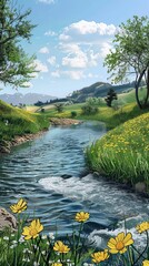 Serene river flowing through a spring meadow, childrena  s book illustration , digital photography