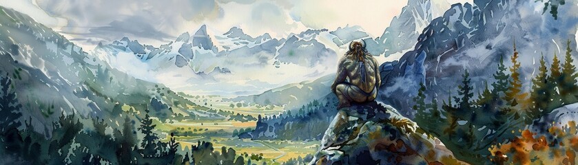 Benevolent mountain giant watching over a valley, watercolor illustration 