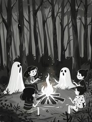 a group of friends telling ghost stories around a campfire, with a spooky forest background