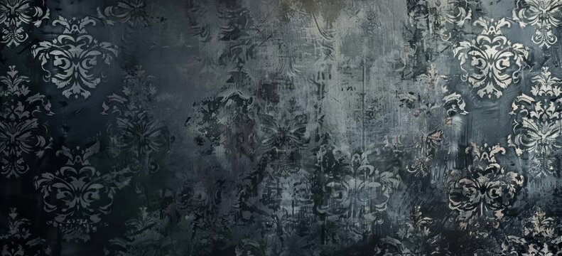 Fototapeta Dark grey damask pattern background with grunge texture, vintage gothic design for wallpaper or cover background. Elegant floral ornament in gothic style for design, packaging paper or fabric print.