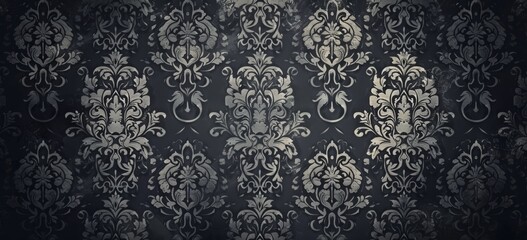 Dark grey damask pattern background with grunge texture, vintage gothic design for wallpaper or cover background. Elegant floral ornament in gothic style for design, packaging paper or fabric print.