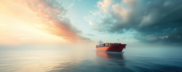 Container ship sailing in ocean.  Cargo ship oncept. banner